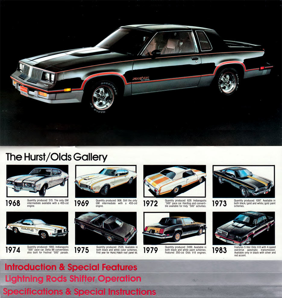 Folder page: black-and-silver 1983 Hurst/Olds coupe with a gallery of earlier Hurst/Olds models from 1968 to 1979