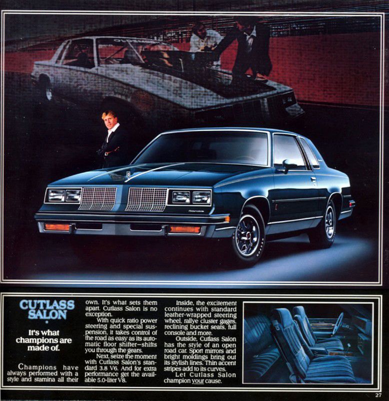 Brochure page: dark-blue 1985 Cutlass Salon coupe, front three-quarter, with a man beside it and an interior inset