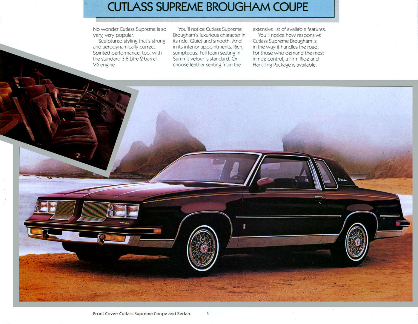 Folder page: maroon 1986 Cutlass Supreme Brougham coupe, front three-quarter, with an interior inset