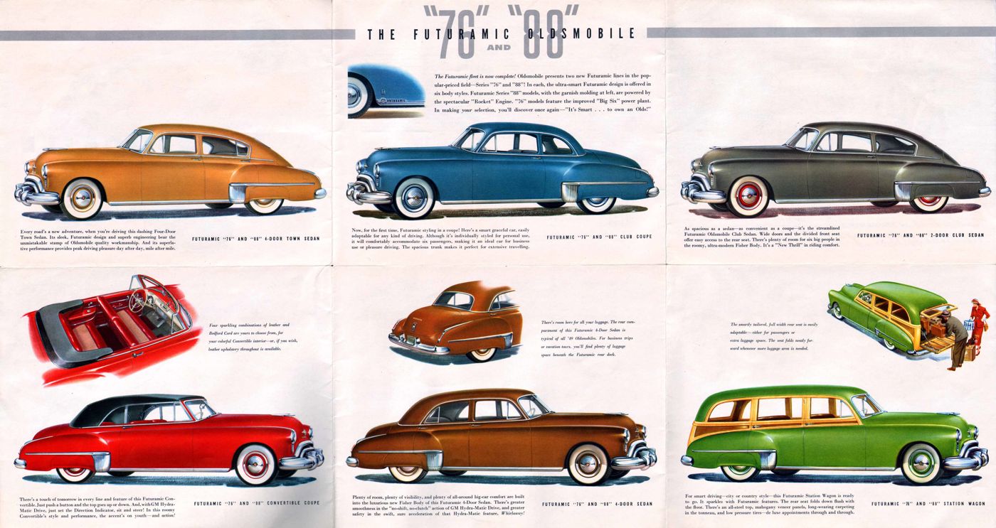 Brochure spread "The Futuramic 76 and 88": seven illustrated 1949 body styles, including sedans, club coupe, convertible and station wagon