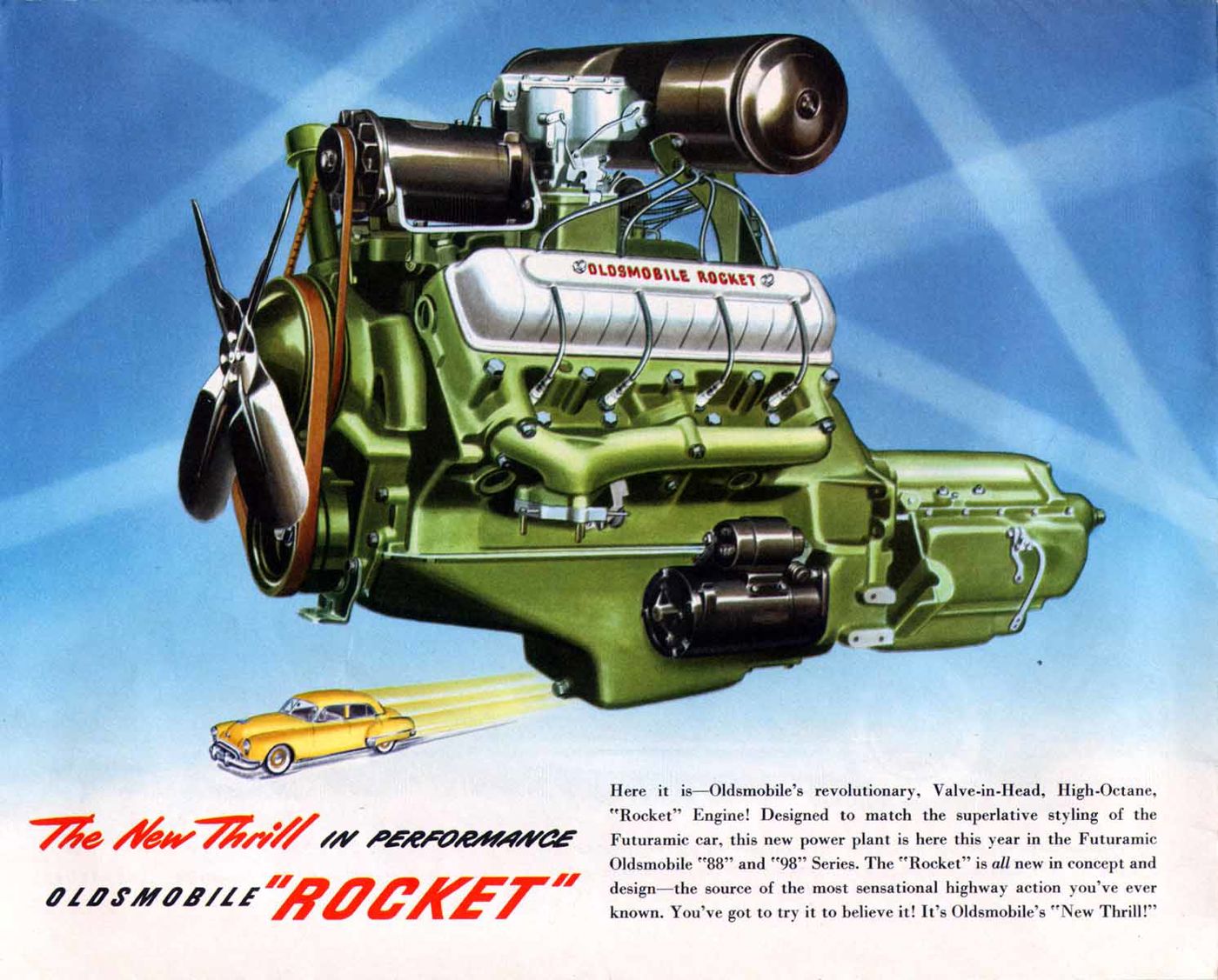 Brochure illustration of the new green Oldsmobile Rocket overhead-valve V-8 with a yellow car inset, headed "The New Thrill in performance"