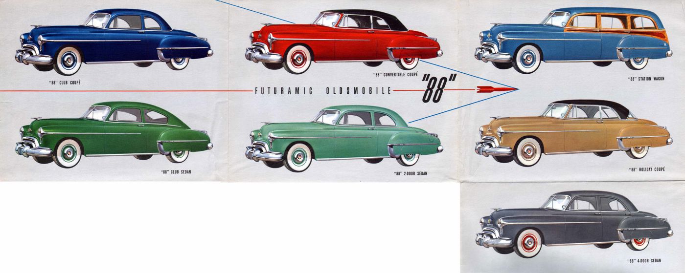 Foldout panel of illustrated 1950 Futuramic 88 body styles: club coupe, convertible, sedans, holiday coupe and station wagon
