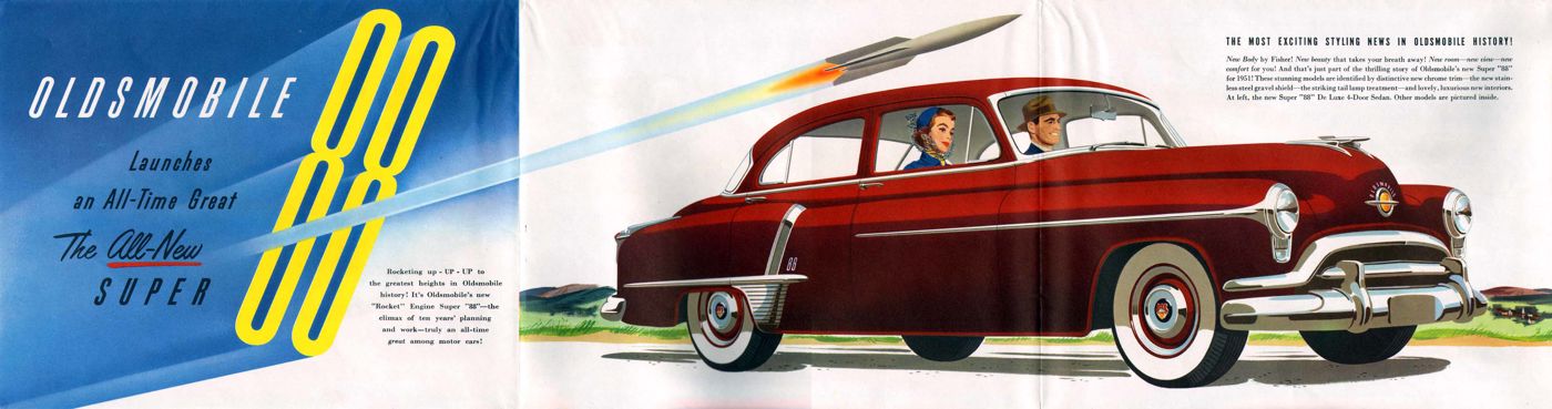 Foldout panel: maroon 1951 Oldsmobile Super 88 four-door sedan with a rocket graphic, headed "Oldsmobile launches an all-time great"