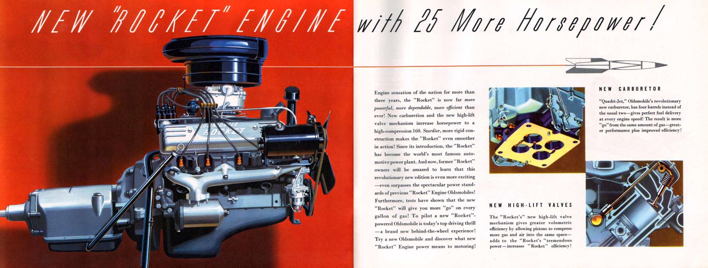 Brochure spread: cutaway of the 1952 Rocket V-8 with Quadri-Jet carburetor and high-lift valve insets