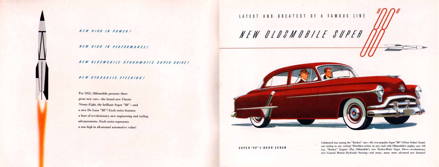 Brochure spread: maroon 1952 Super 88 four-door sedan, headed "New Oldsmobile Super 88", with a rocket illustration