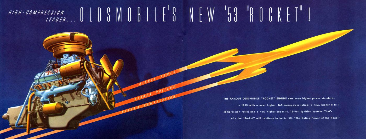 Brochure spread: illustrated 1953 Rocket V-8 engine with a rocket streaking across a blue background