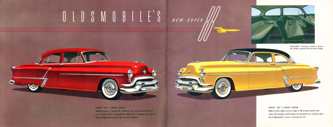 Brochure spread: red Super 88 four-door sedan and yellow Super 88 two-door sedan of 1953, with an interior inset