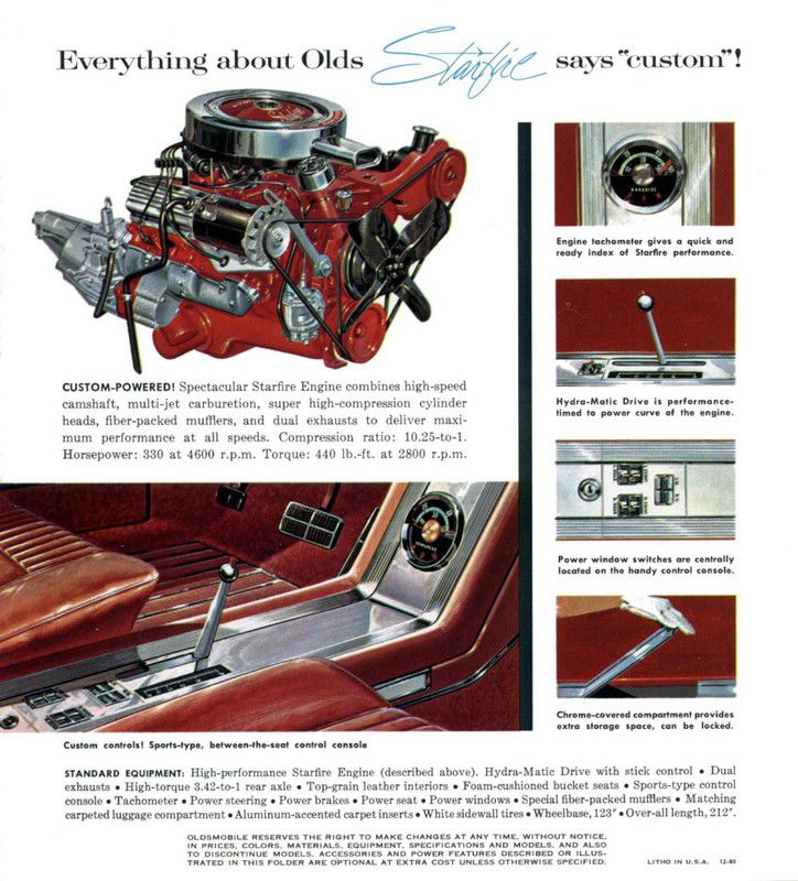 Brochure page "Everything about Olds Starfire says custom": the 330-hp Starfire V-8, console, tachometer and standard-equipment list