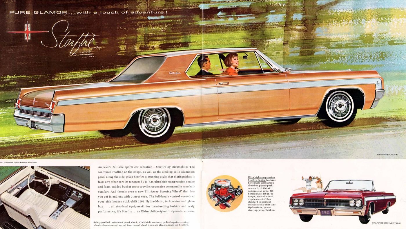 Brochure spread "Pure glamor": illustrated copper 1963 Starfire coupe with interior, engine and convertible insets