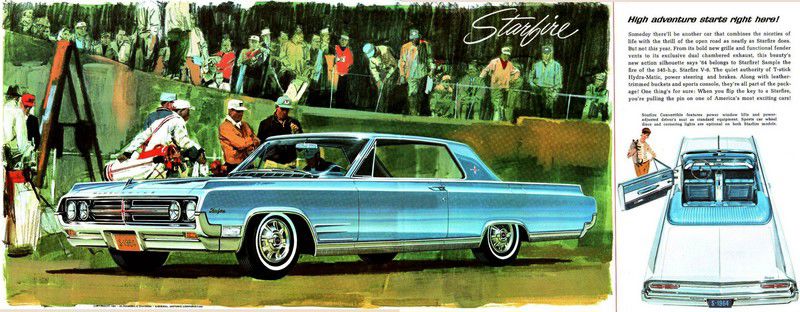 Brochure illustration: blue 1964 Starfire hardtop at a golf tournament, with a convertible inset