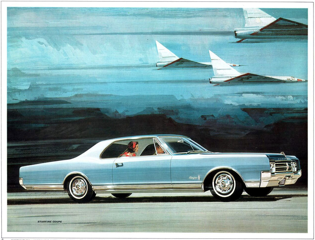 Brochure illustration: light-blue 1965 Starfire coupe in side view with jet aircraft overhead