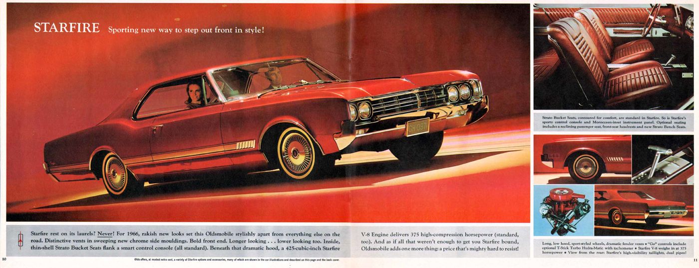 Brochure spread: red 1966 Starfire hardtop coupe with gold-line tires, plus seat, console and 425 V-8 insets