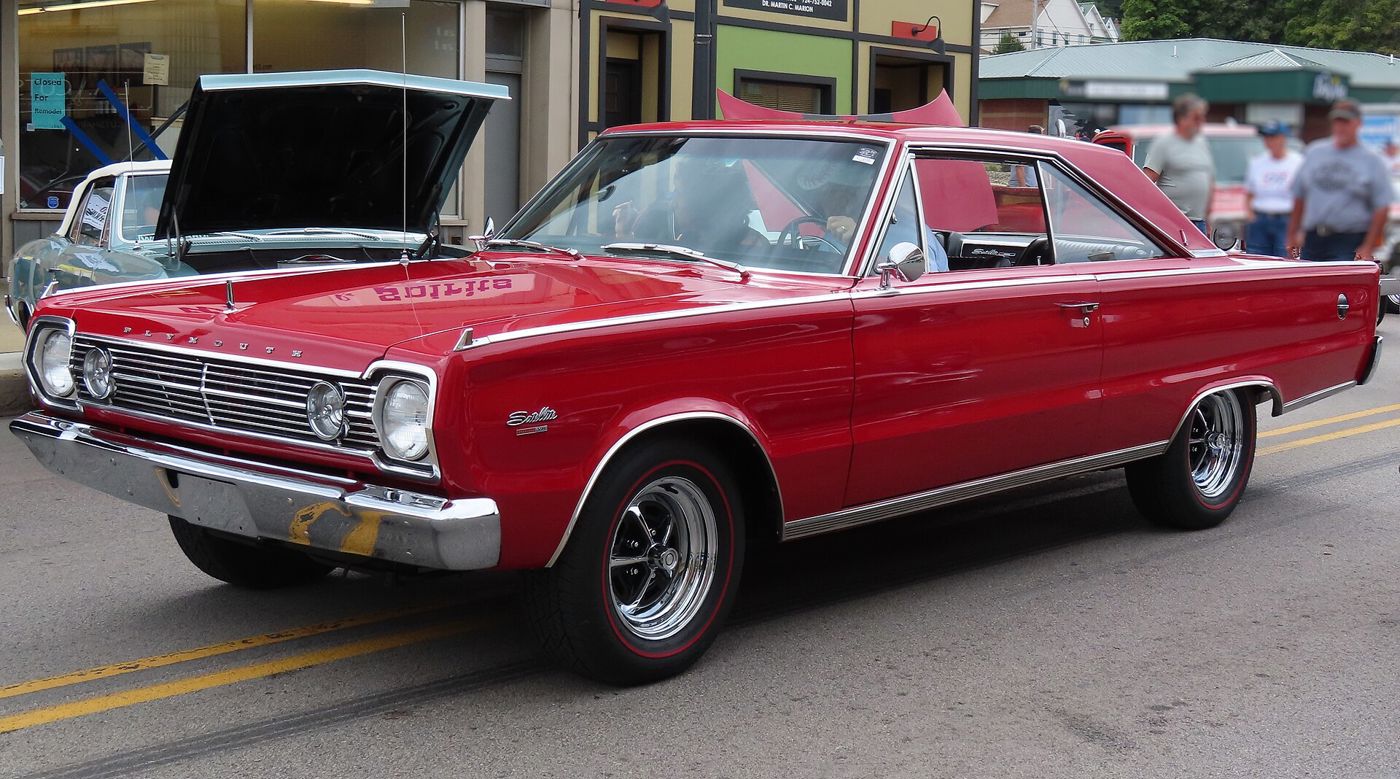Red 1966 Plymouth Satellite two-door hardtop with the squared-off 1966 body and Satellite script on the front fender