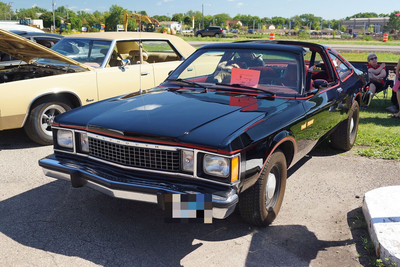 Black 1980 Plymouth Volare Road Runner with red pinstripes and the 1980 square-headlamp front end