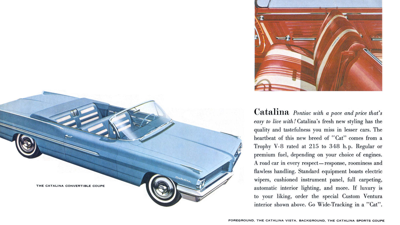 Illustration of a light-blue 1962 Catalina convertible with its top down, beside brochure text and a red interior inset
