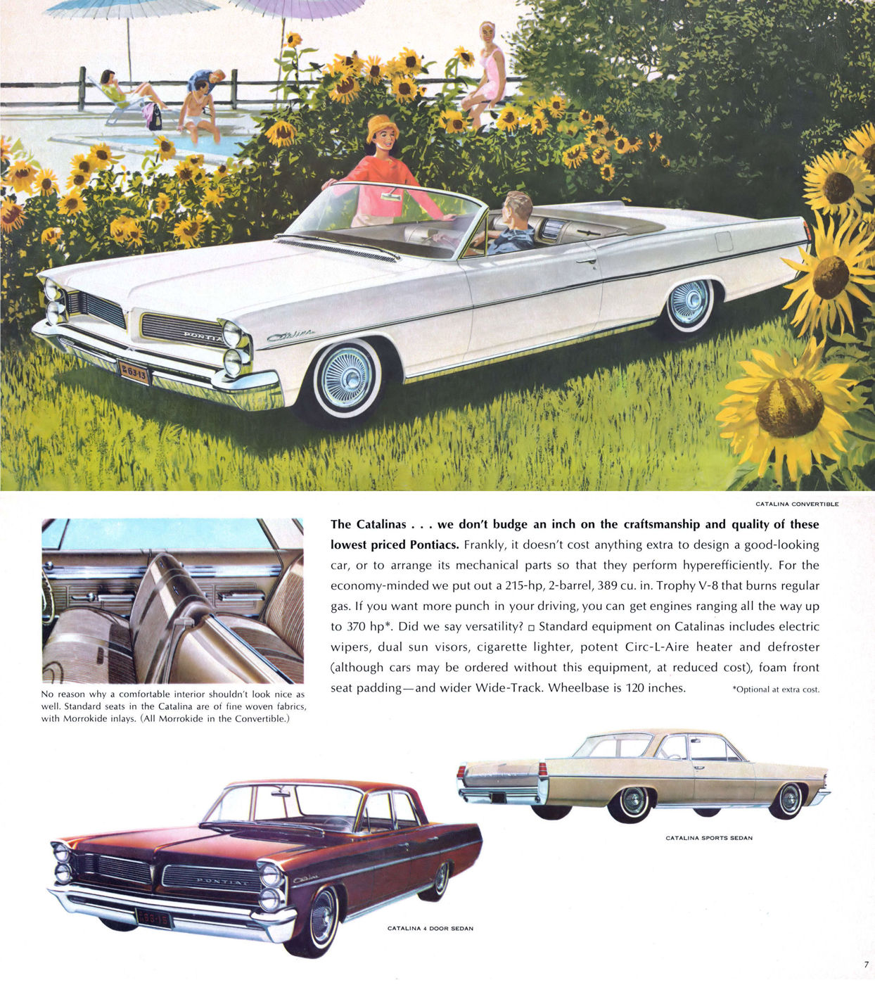 Illustration of a white 1963 Catalina convertible with stacked headlights on a lawn with sunflowers, above an interior inset and smaller views of Catalina sedans