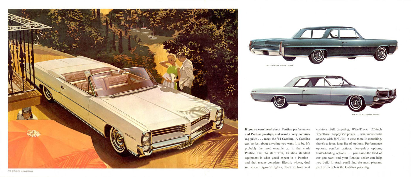 Illustration of a cream 1964 Catalina convertible under an orange umbrella, beside smaller views of a dark Catalina sedan and a silver sports coupe