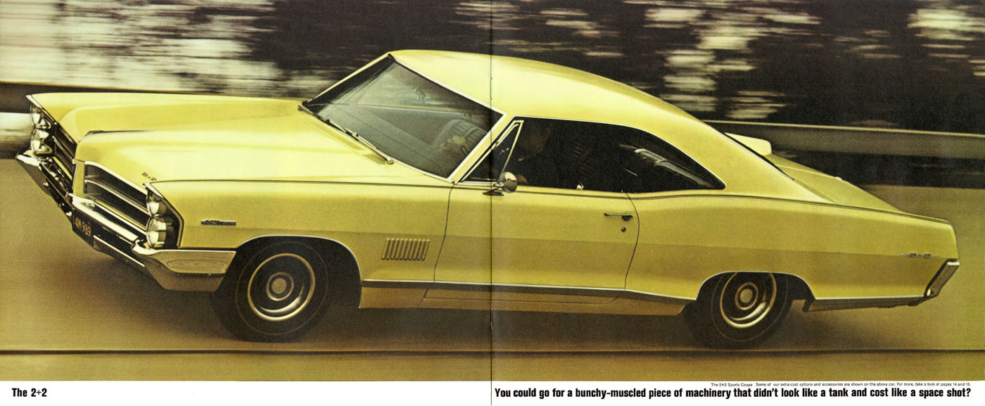 Yellow 1965 Catalina 2+2 hardtop with louvered front fenders, driving past a blurred background under the heading The 2+2