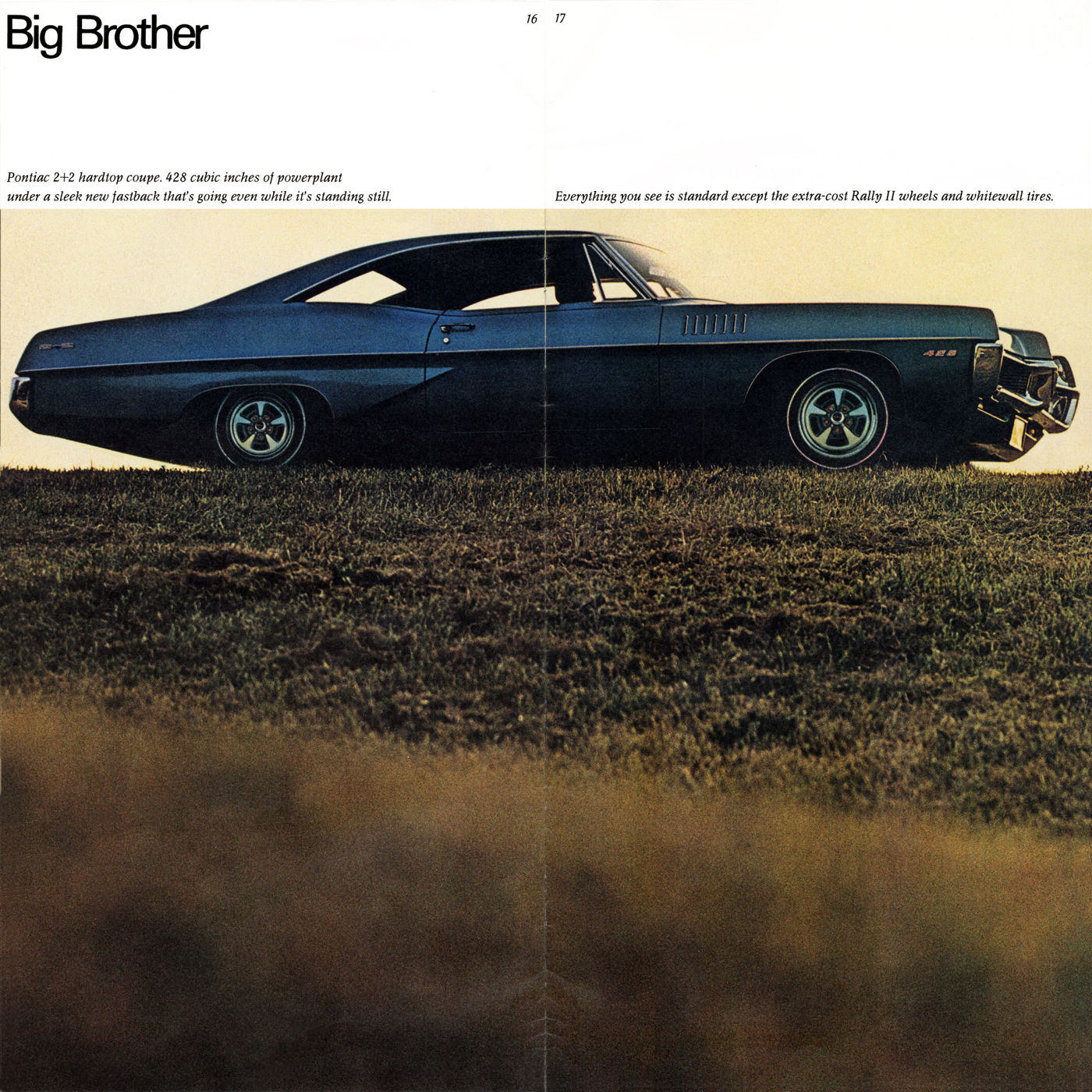 Dark blue 1967 Pontiac 2+2 fastback hardtop in side profile on a grassy rise, under the heading Big Brother