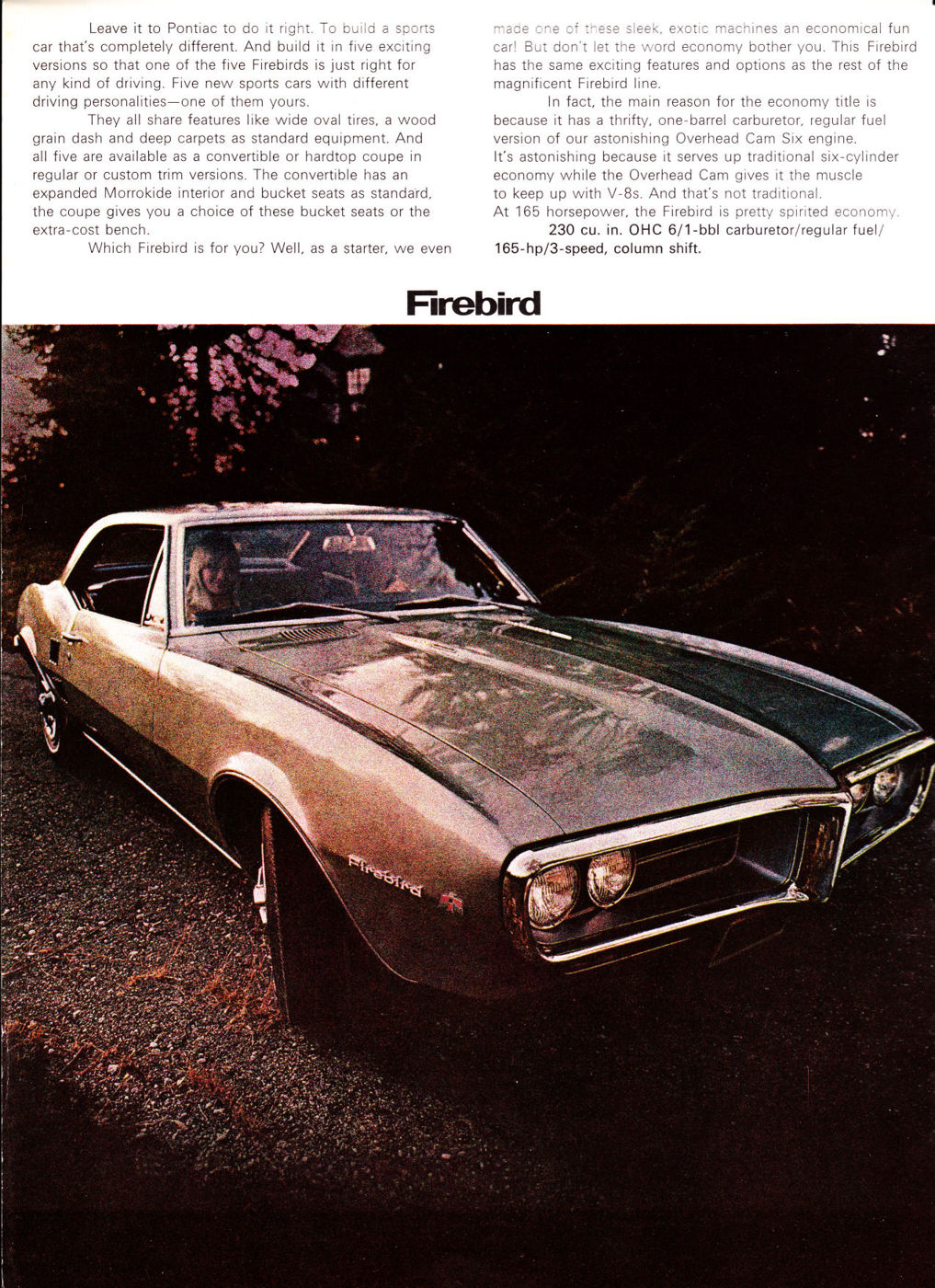 Bronze 1967 Firebird hardtop with its split, bumper-integrated grille, front three-quarter at night, below brochure text
