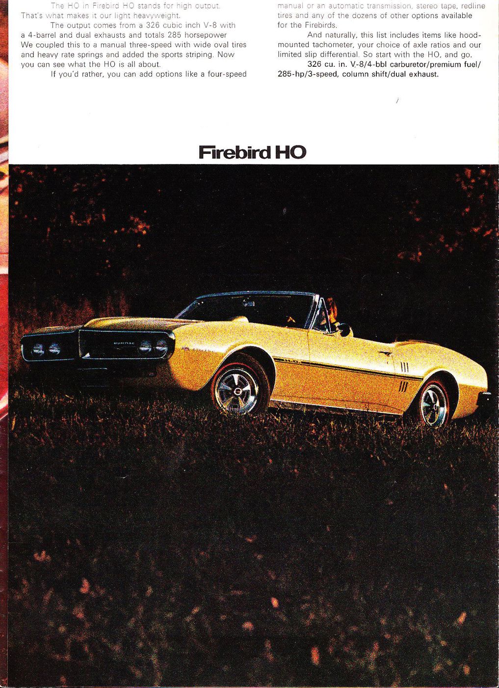 Yellow 1967 Firebird HO convertible with side stripes, parked on grass at dusk, under the heading Firebird HO