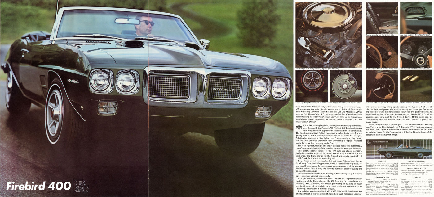 Dark 1969 Firebird 400 convertible with its body-color Endura nose, driven toward the camera, beside detail photos of its engine, gauges, wheels and shifter