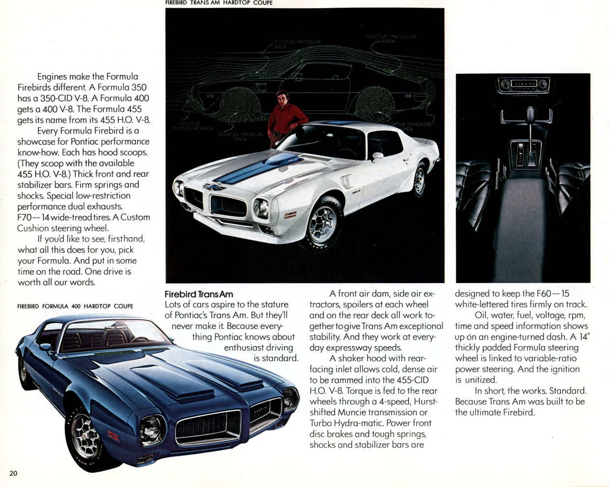 Brochure page with a white 1972 Trans Am with blue stripes, a blue Formula 400 with twin hood scoops, and a black bucket-seat interior