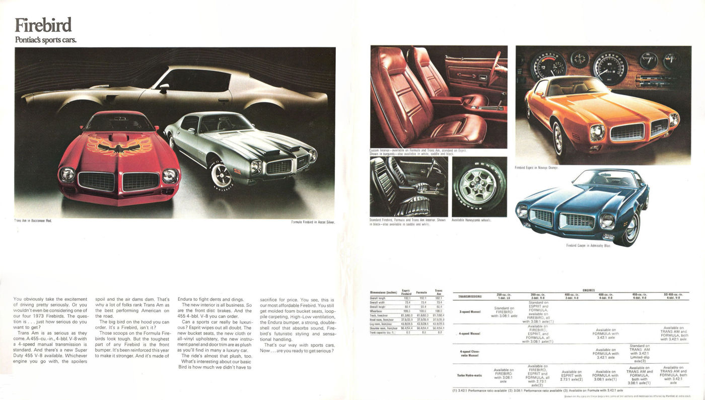 Brochure spread of 1973 Firebirds: a red Trans Am with the big hood bird decal and a silver Formula, plus an orange Formula, blue Firebird, interiors and a wheel