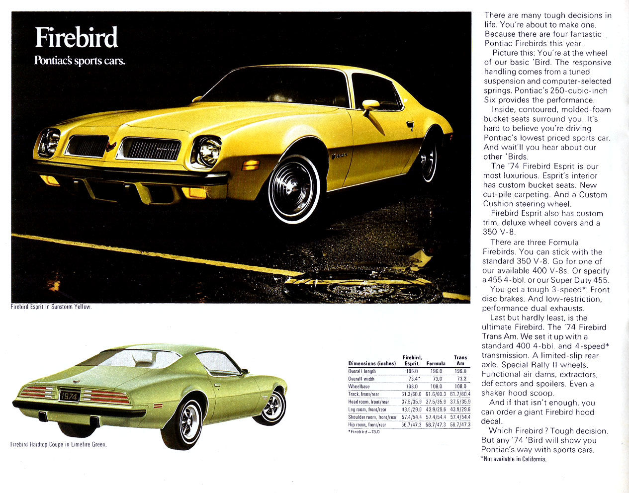 Yellow 1974 Firebird Esprit with the new slanted nose, front three-quarter at night, and a green Firebird from the rear below, beside brochure text