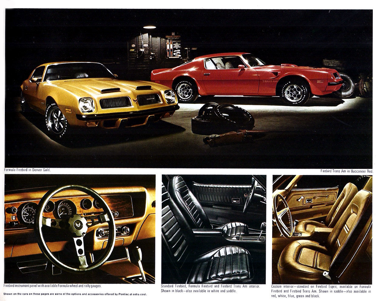 Gold 1974 Formula Firebird and red Trans Am in a dark garage, with photos of the engine-turned dash and three bucket-seat interiors below