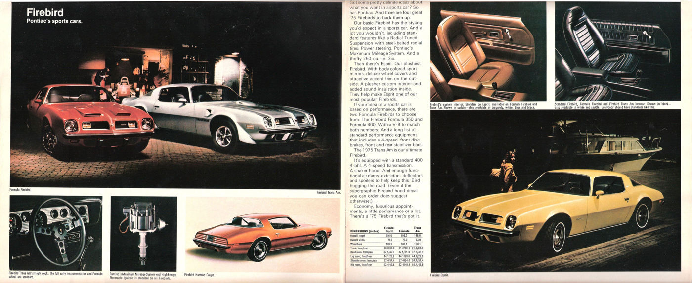 Brochure spread of 1975 Firebirds: a red Formula and silver Trans Am at night, a yellow Esprit, an orange Firebird, a dash and bucket-seat interiors