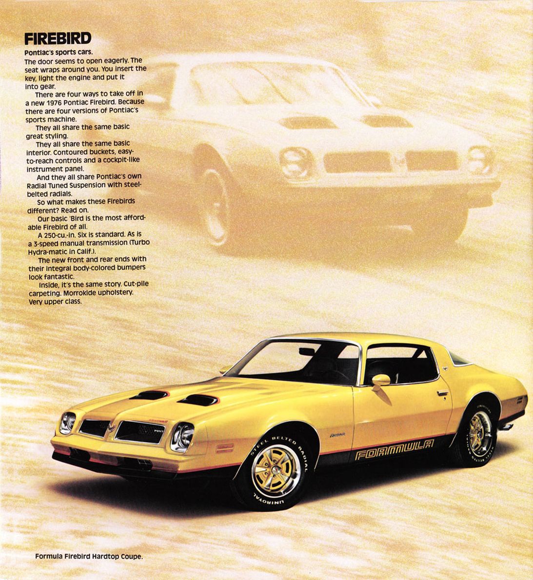 Yellow 1976 Formula Firebird with twin hood scoops and Formula lettering on its lower doors, on a pale yellow brochure page