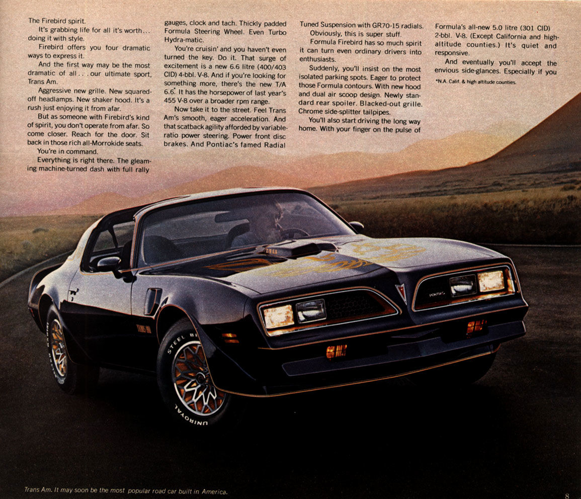 Black 1977 Trans Am with gold hood bird, shaker scoop and snowflake wheels, front three-quarter on a mountain road