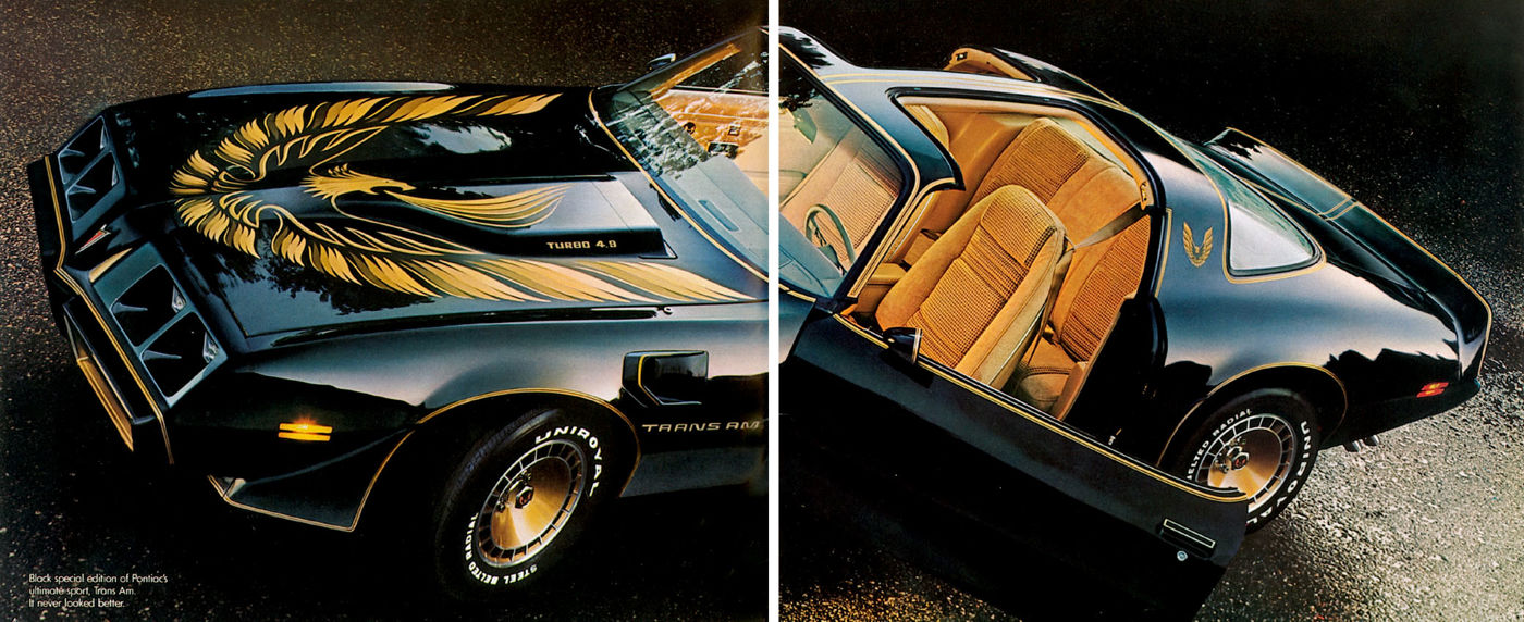 Black 1980 Turbo Trans Am with gold hood bird and Turbo 4.9 hood graphics, and the same car with its door open showing tan seats