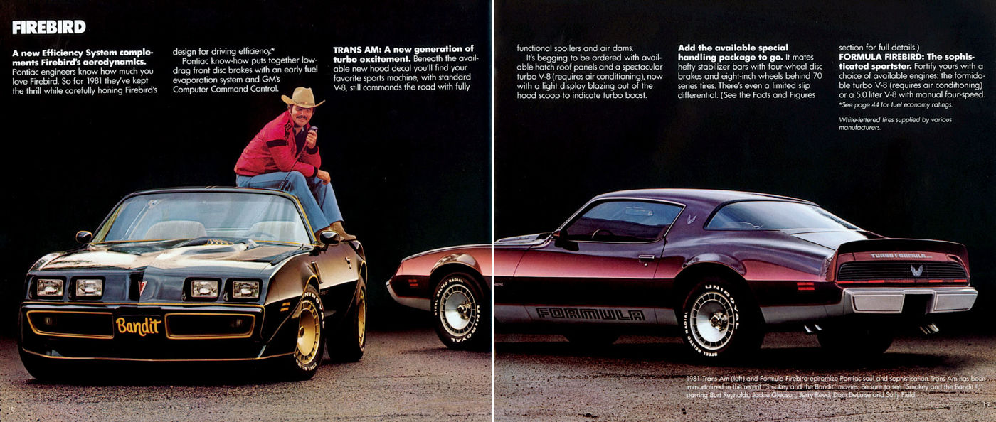 Black and gold 1981 Trans Am with a man in a cowboy hat sitting on it, and a maroon Formula Firebird beside it