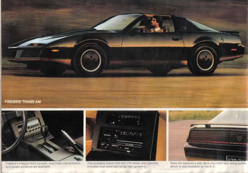 Black 1982 Trans Am in side view with a driver, above photos of its console shifter, stereo and rear deck spoiler