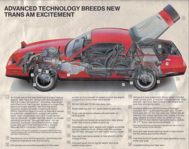 Red phantom cutaway drawing of a 1982 Trans Am with numbered callouts for the V-8, MacPherson strut front suspension and hatch, under the heading Advanced Technology Breeds New Trans Am Excitement