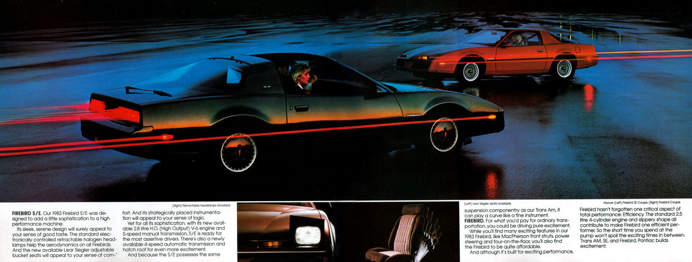 Dark 1983 Firebird S/E with red pinstripe racing at night past a red Firebird coupe, with text on the S/E