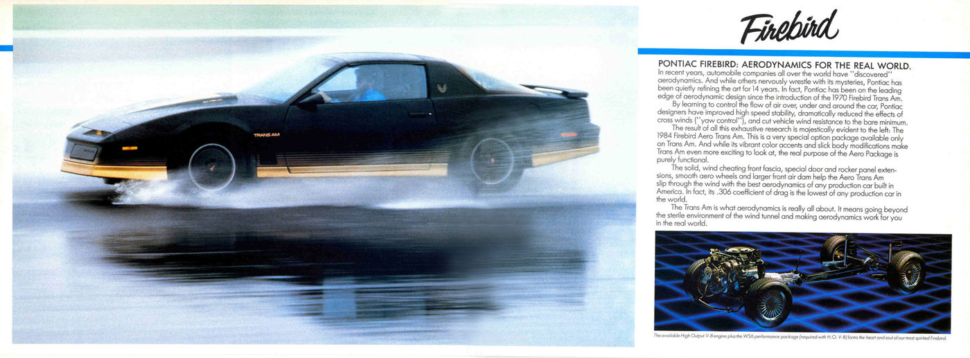 Black 1984 Trans Am with gold aero skirts driving through water, beside text on its aerodynamics and a drawing of its chassis