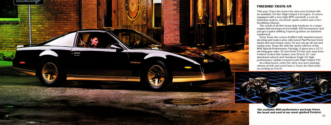 Black 1984 Trans Am with gold lower trim parked in front of a brick building at night, a woman at the wheel, with an inset of the WS6 chassis
