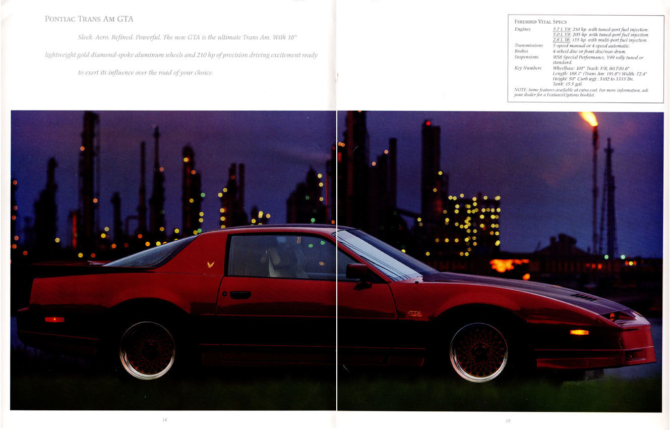 Red 1987 Trans Am GTA with gold diamond-spoke wheels, side view at dusk in front of an industrial skyline
