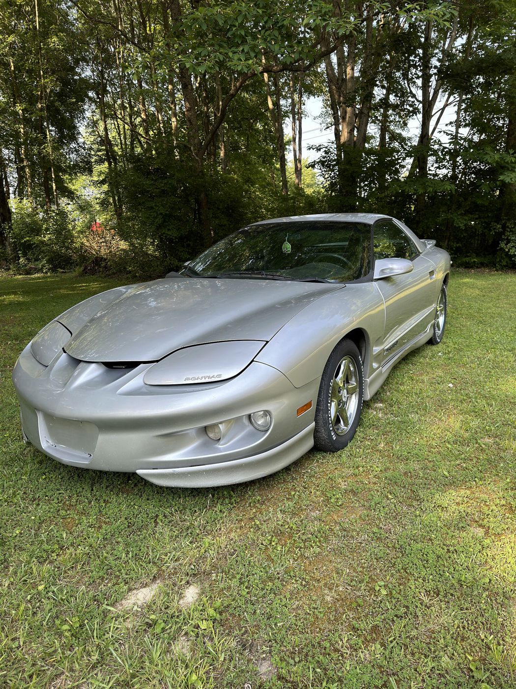 Silver 1998 Firebird with the split-nostril front fascia and round fog lamps, front three-quarter on grass
