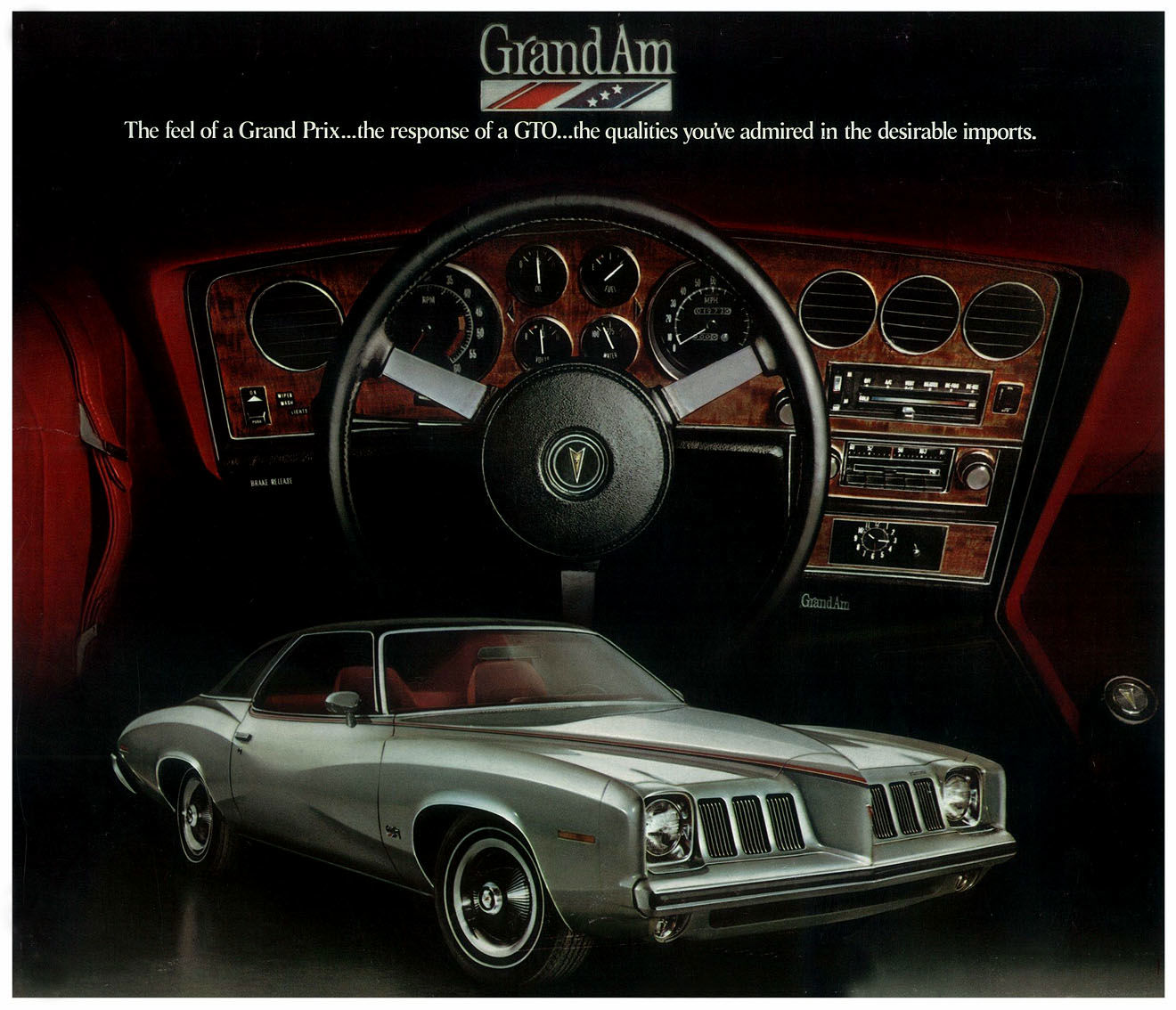 Brochure cover: a silver 1973 Pontiac Grand Am coupe with its urethane nose and vertical-bar grilles, set below a red interior and woodgrain dashboard with round gauges