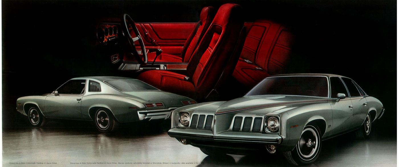 Brochure spread showing a silver 1973 Grand Am coupe and sedan side by side under a close-up of red front bucket seats