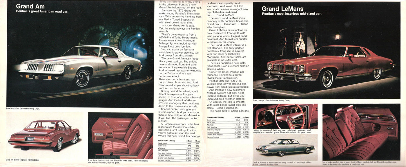 Brochure spread: a white 1975 Grand Am coupe in a tunnel, a red Grand Am four-door and a red interior on the left; a Grand LeMans coupe on the right page