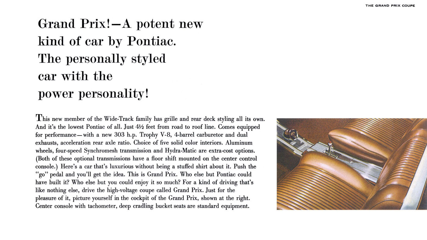 1962 Pontiac brochure page headed Grand Prix, A potent new kind of car by Pontiac, with text on the 303 hp Trophy V-8 and a photo of tan bucket seats and center console