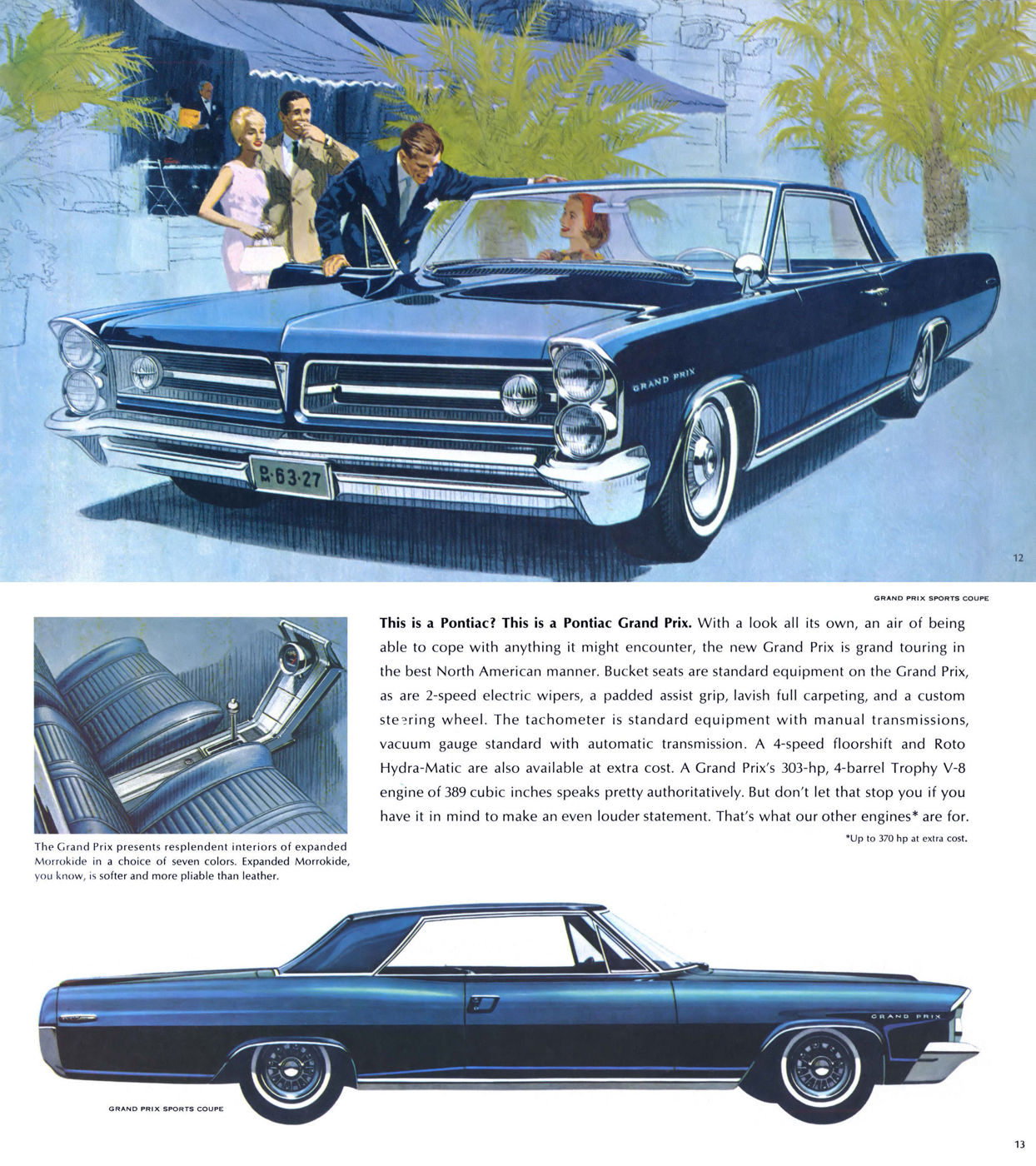 Illustration of a dark blue 1963 Grand Prix with its concave rear window and clean flanks, front view with admiring figures and a side view below, plus an interior inset