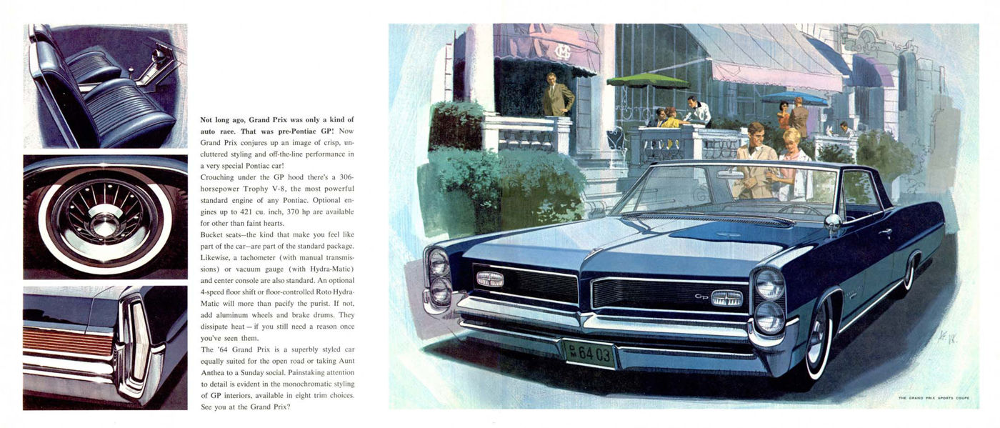 Illustration of a dark blue 1964 Grand Prix outside a terrace cafe, with insets of its interior, wheel cover and taillamp