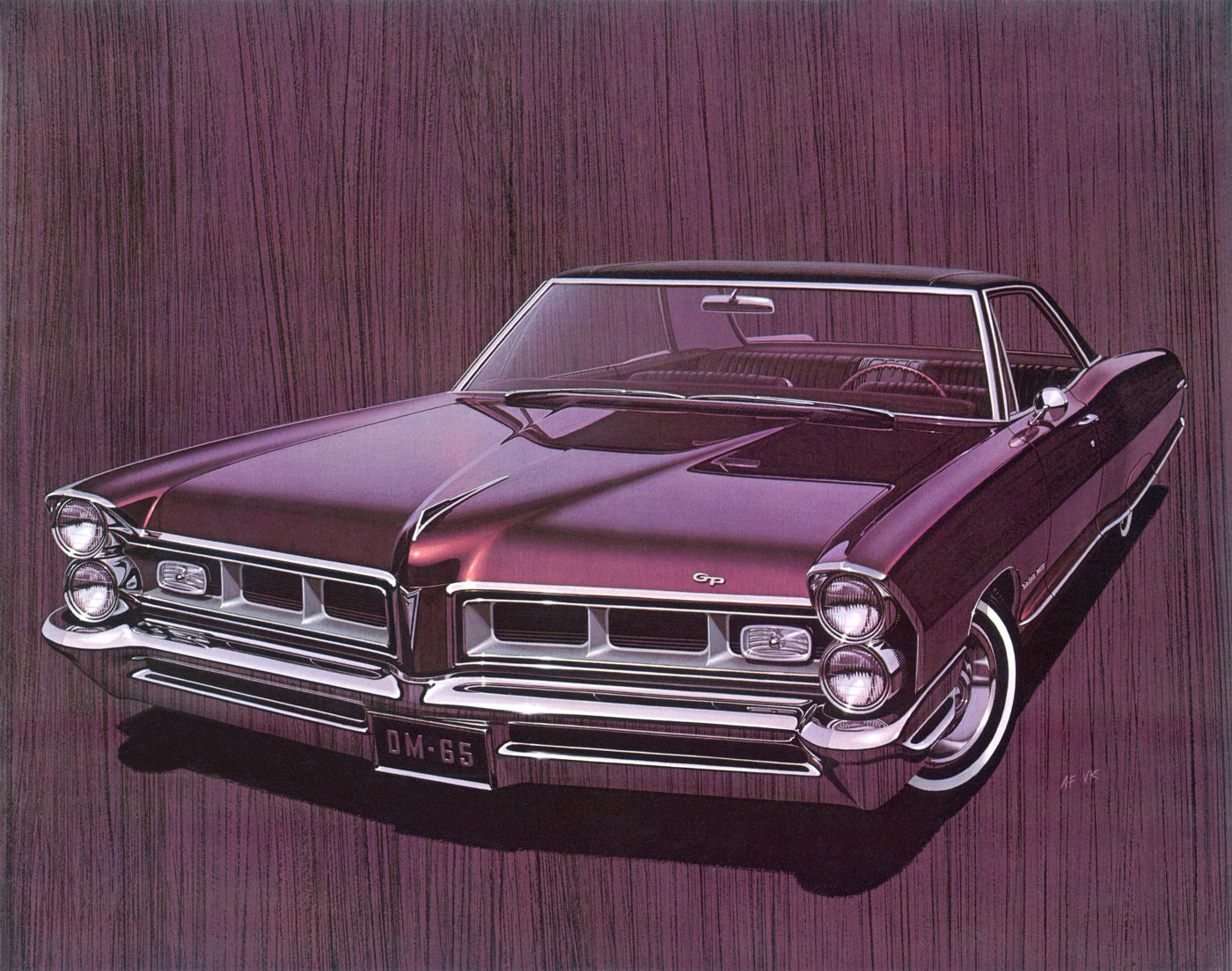Illustration of a burgundy 1965 Grand Prix hardtop coupe with stacked headlights, front three-quarter against a woodgrain background