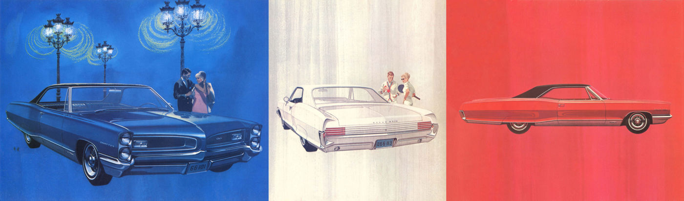 Three-panel illustration of 1966 Grand Prix hardtops: a blue car under street lamps, a white car from the rear, and a red car in side profile